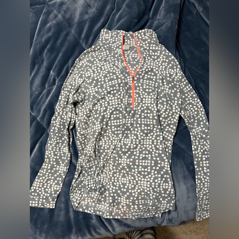 Columbia Gray and White Patterned Fleece Quarter-Zip with Coral Trim